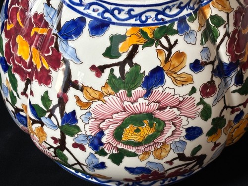 Gien France Peony Cache Flower Pot Ceramic Hand Painted Large 10" D - Picture 5 of 17