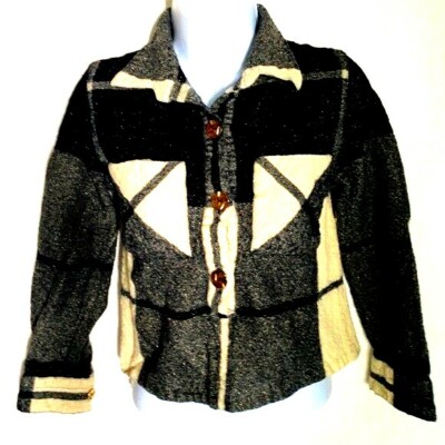 Donna Mizar wool cropped plaid 3/4 sleeve 3/4 button down front pockets top 40/2