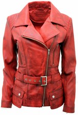 Ladies Casual Vintage Red Long Feminine Nappa Leather Biker Jacket