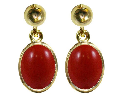 9ct Yellow Gold Natural Red Coral Oval Single Drop Dangling Stud Earrings UK - Afbeelding 1 van 4