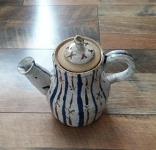 Antique glazed earthen clay pottery pitcher. Handmade, 6" tall to lid.