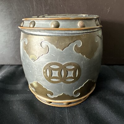 brass tobacco jar Humidor Glass Porcelain Portrait Plaque Ornate Lid Antique Vintage Brass Tobacco Jar, Humidor,