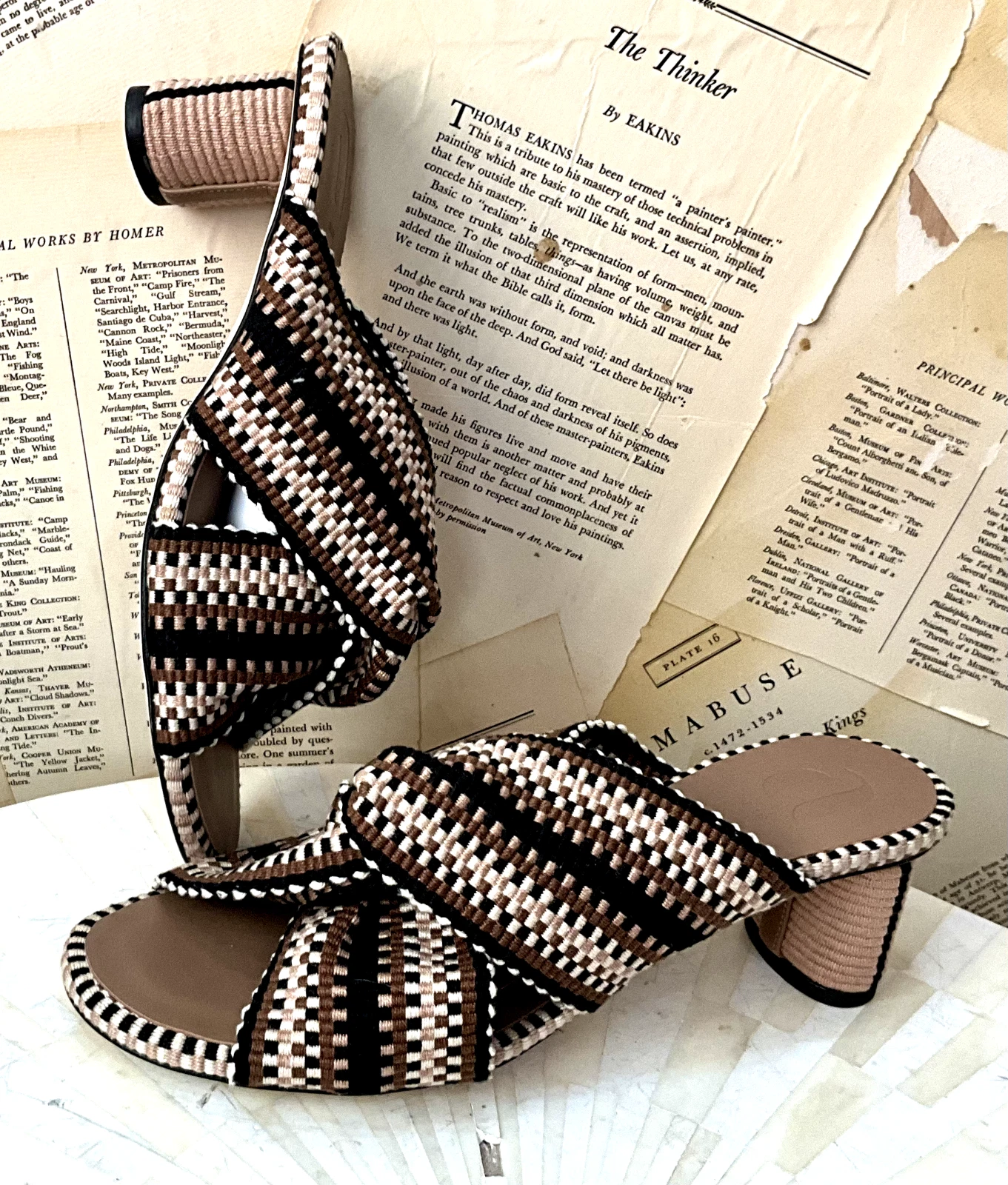 Anthropologie Amambaih Gilda Woven Heels Sandal Sand Black Taupe 39 8 8.5 NEW