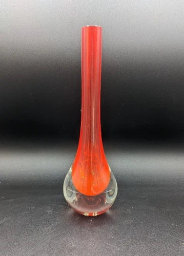 Sommerso Tear Drop Orange Art Glass Long Neck Vintage Bud Vase   Murano