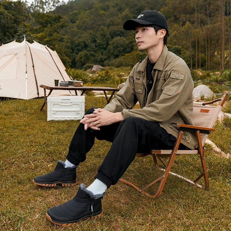 Hombres Botas de Nieve al Tobillo Sin Cordones Invierno Impermeables Forradas de Piel Exterior Antideslizantes Zapatos Foto 4 de 4