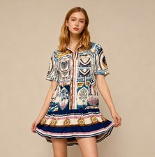 NWOT Farm Rio Linen Cerrado Stamps Short sleeve Mini Shirtdress Size L Pocket