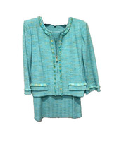 St. John Collection Aqua Knit Skirt Suit Size 12 Eyelash Fringe Zip Front