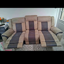 2-Seater Fabric Recliner Sofa & Matching Armchair, Beige/Brown, Cup Holder 200cm