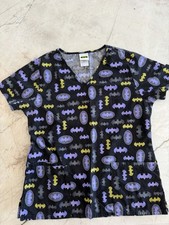DC Comics Batman Woman s Scrub Top. S/CH. Black With Purple, Yellow Gray Bats