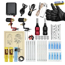 Complete Rotary Tattoo Machine Kit Shader Liner Assorted Set PowerSupply Needle