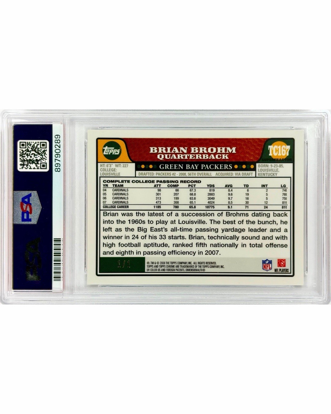 2008 Topps Chrome #TC167 Brian Brohm RC Superfractor #1/1 PSA 9! view 2