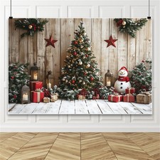 Merry Christmas Snowman Wooden Photo Backdrop Winter Tree Background Party Decor