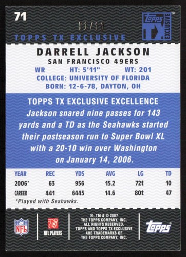 2007 Topps TX Exclusive Gold #/10 Darrell Jackson #71 San Francisco 49ers - Picture 2 of 2