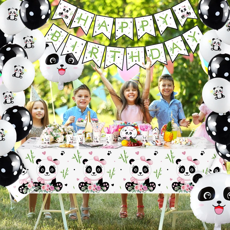 Panda Party Supplies - Juego de vajilla desechable con pancarta de feliz cumpleaños, P... Foto 4 de 4