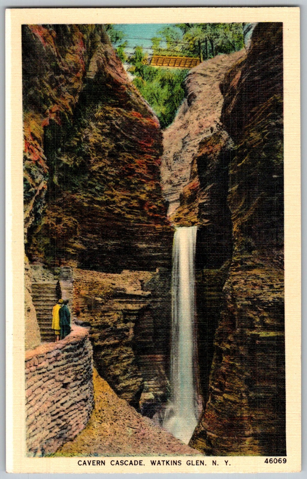 Vtg Linen Postcard Cavern Cascade Waterfall Watkins Glen, NY 1940s