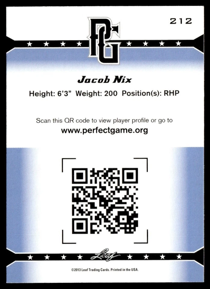 2013 Leaf Perfect Game Jacob Nix #212 - Image 2 of 2