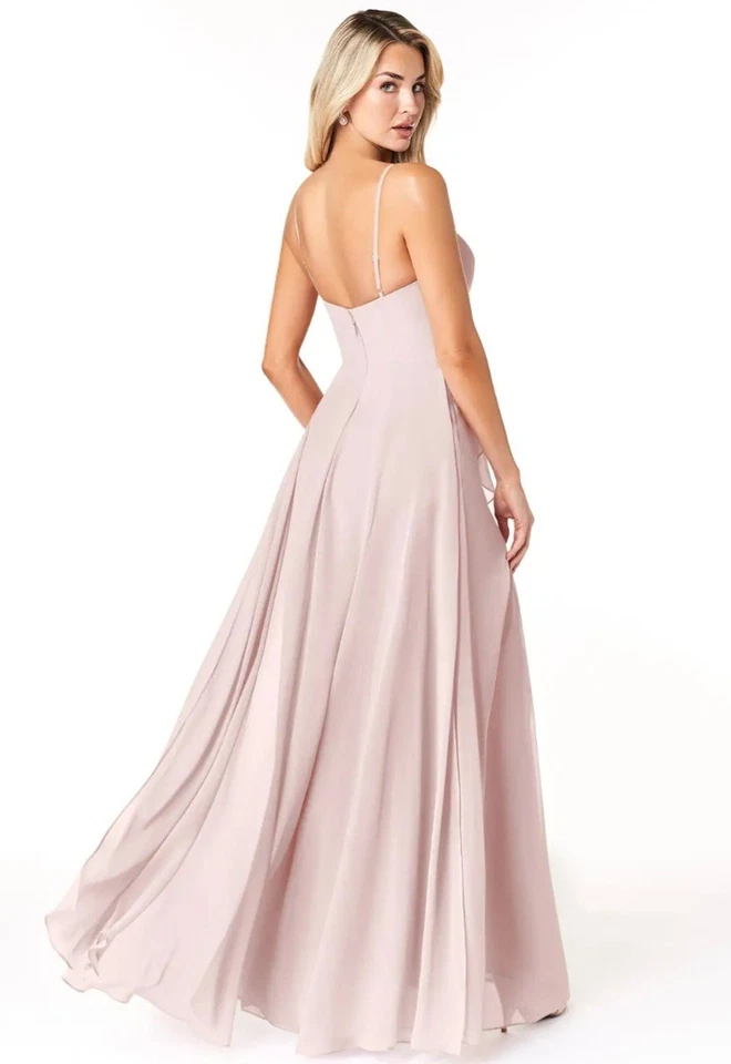 Vestido de Dama de Honor Rosa Rubor Esmeralda Azazie Gasa Aline Princesa Pierna A12 Foto 3 de 4