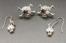 2 Pr Rhinestone Skull Earrings Sugar Skull Halloween Silvertone 