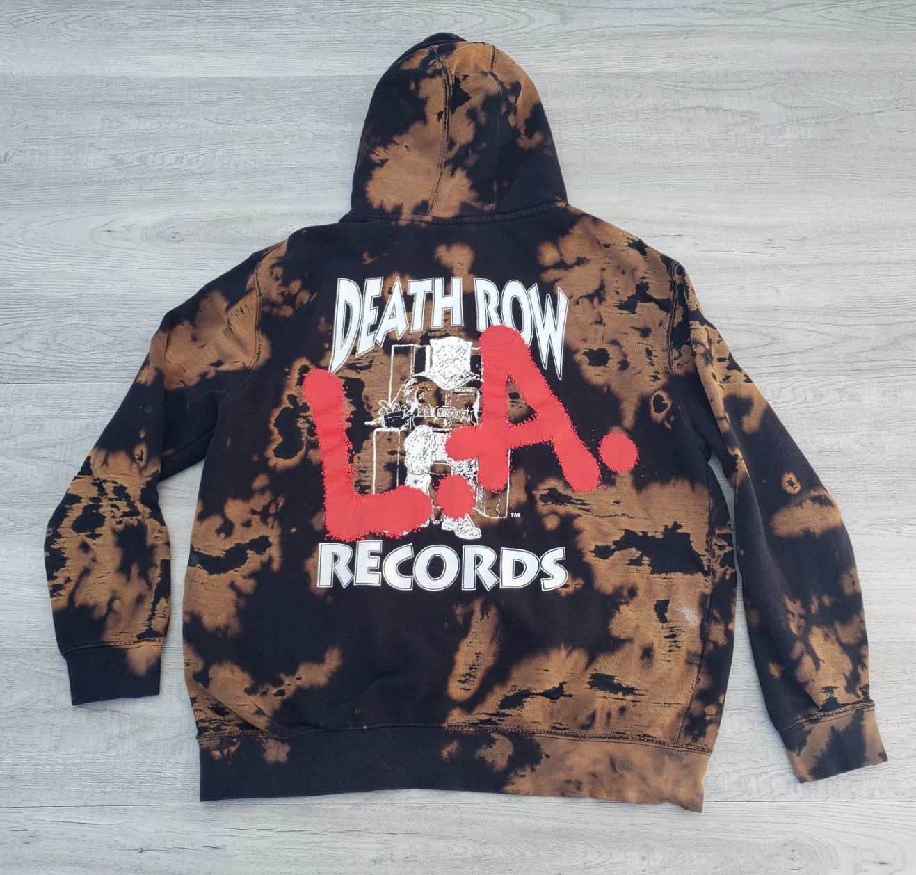 FILA Felpa con cappuccio Death Row Records tinta candeggina taglia L stile Thrashed Distressed