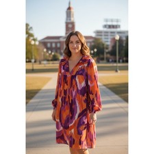 Adrienne Abstract Print Mini Dress Women Orange Purple V-Neck Size Small