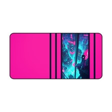 Left Handed Neon Cityscape Desk Mat Cyberpunk Skyline Mousepad