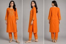 Orange Pakistani Indian 2 Piece Kurta Pants Set Gold Mirror Work Women A49
