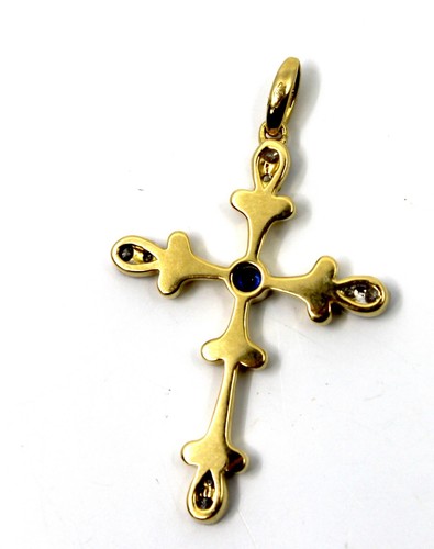 18k Solid Yellow Gold Natural Diamond & Lab Created Sapphire Cross Pendant - Picture 7 of 8