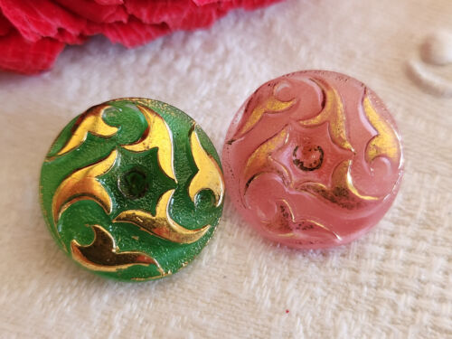 Duo boutons anciens en verre rose vert doré à strasser 1,8 cm D10D - Photo 1/3