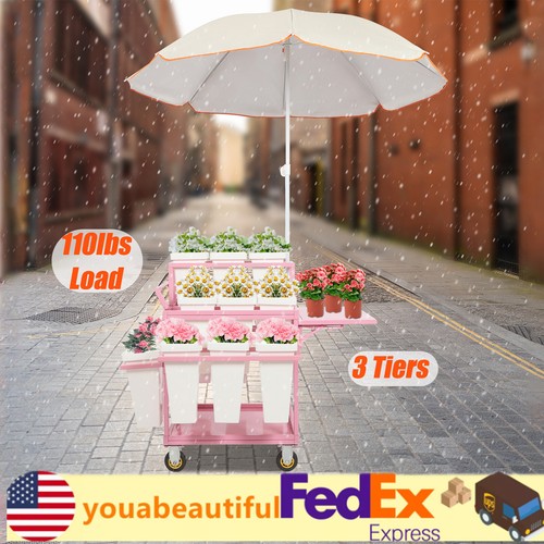 Metal Garden Cart Plant Stand Slide Out Rolling Flower Display Rack for Florist