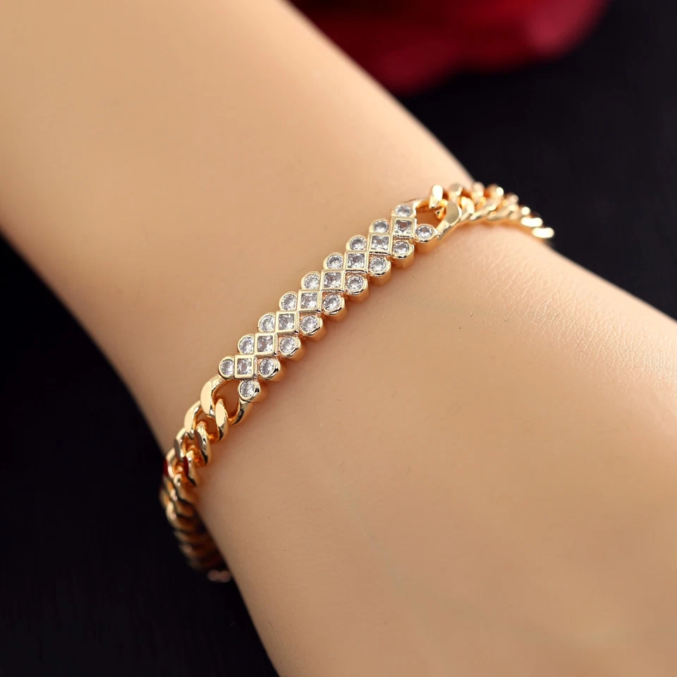 FANCY LADY 9K ROSE GOLD FILLED WAVE SIMULANT DIAMOND ID BAR CURB BANGLE BRACELET Foto 2 de 4