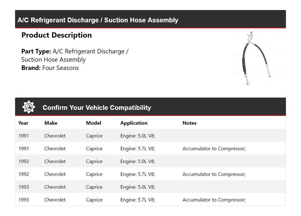 Conjunto de manguera de línea de succión de descarga Chevrolet Caprice 1991-93 4 temporadas 1 Foto 2 de 4