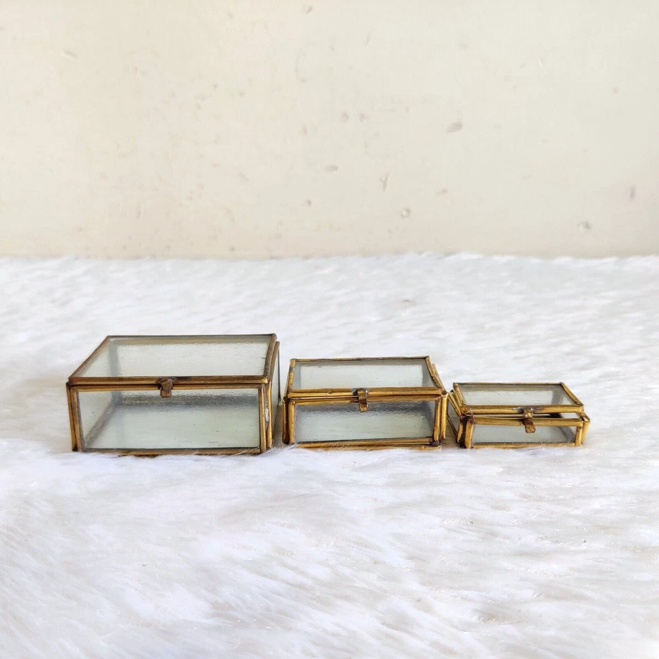 Antique Rectangulaire Laiton Verre Bijoux Boîte Bague Old Collection 3 Pcs GL244 - Photo 3/4