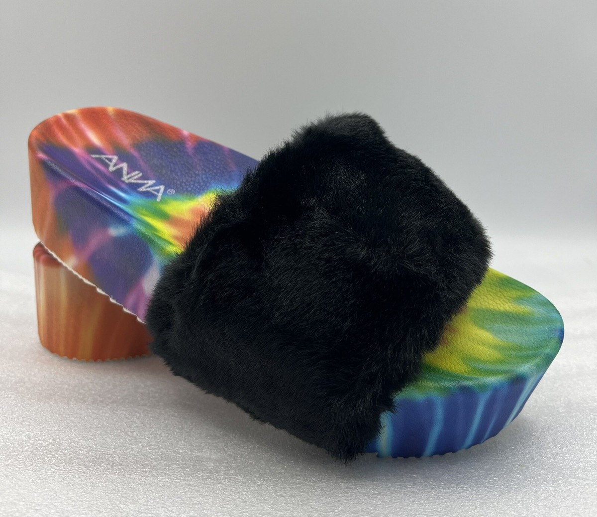 ANNA Shanice-2 Women’s Shoes 2” Platform Slippers Slides Black Faux Fur  RAINBOW
