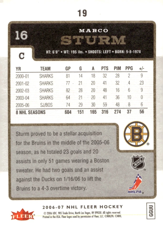 Marco Sturm - Signed 2006-07 NHL Fleer Hockey Card #19 - Image 2 of 2
