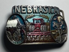 Vintage 1985 C J pewter Nebraska enamel belt buckle Made in USA 1019