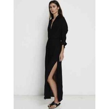 Faithfull The Brand South Beach Kaftan Maxi Dress 6 8 10 Long Sleeve Slit Black