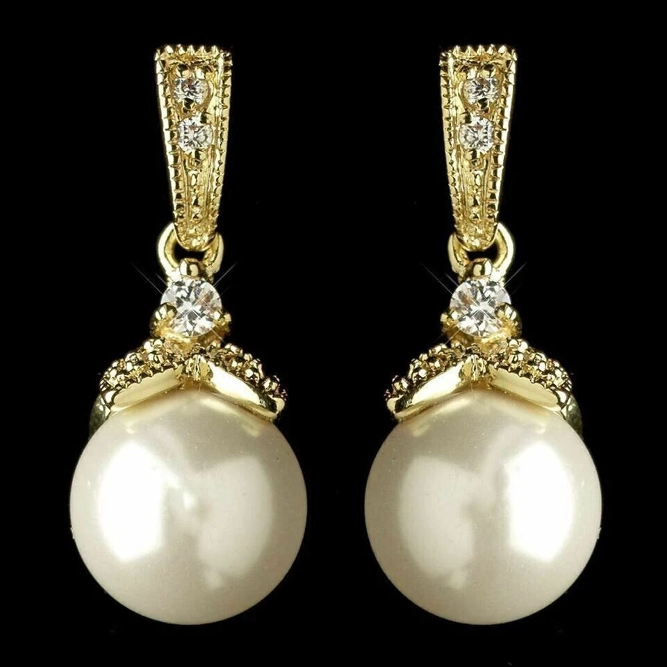 2.20Ct Round Cut White Pearl Drop/Dangle Women's Earrings 14k Yellow Gold Plated - Image 4 of 4