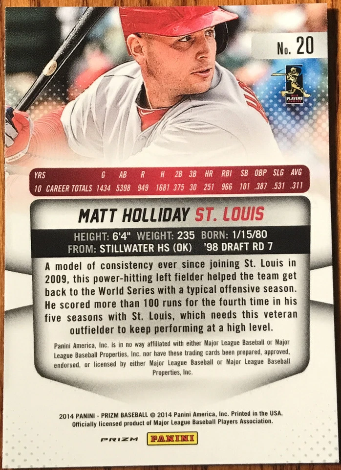 Panini Prizm Prizms 2014 rojo blanco y azul Pulsar Matt Holliday #20 Foto 2 de 2