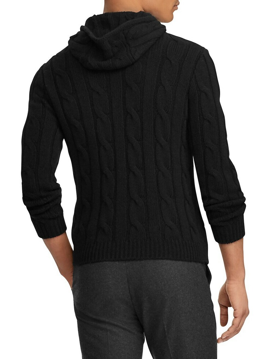 Ralph Lauren Purple Label Mens Black Cable Knit Cashmere Hoodie 