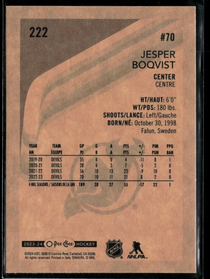 2023-24 O-Pee-Chee Retro Jesper Boqvist #222 - Image 2 of 2