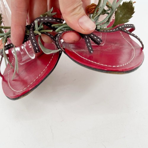 Prada Vintage Red Brown Floral Bouquet Bow Detail Ankle Strap Sandal Heel IT 38 - Picture 7 of 11