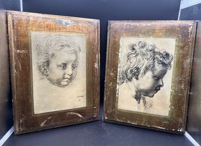 Vtg. Florentine Italian gold painted boys profile picture Plaque On Wood 2 Set