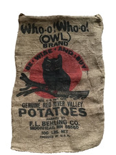 VINTAGE OWL BRAND Whoo Whoo 100lb BURLAP POTATO SACK Rustic Halloween decor FARM
