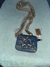 Hello 3 AM Zip Around Wallet Pouch Quilted Blue Denim & Gold Graffiti New Tags