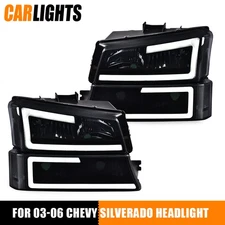 Smoke Headlights Bumper Lamps w/ LED DRL Fit For 03-07 Chevy Silverado Avalanche