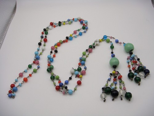 COLLANA VINTAGE MILTI COLOR VETRO PERLINE LARIAT ESTREMITÀ APERTA NAPPA NODO TENUTA - Foto 2 di 11
