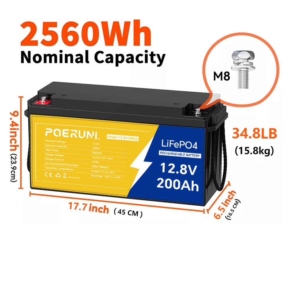 200Ah 12V LiFePO4 Lithium Battery Built-in BMS for RV Marine Off-Grid Solar