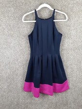 Vince Camuto Fit & Flare Scuba Dress Women 6 Blue Pink High Neck Pleated Pockets