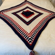 Vtg 70s Handmade Crochet Knit Poncho Cape Boho Hippy Red White Blue Americana