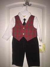 NWT 12mo Little Bitty Boys Holiday Outfit W Red Plaid Vest Necktie Velvet Pant